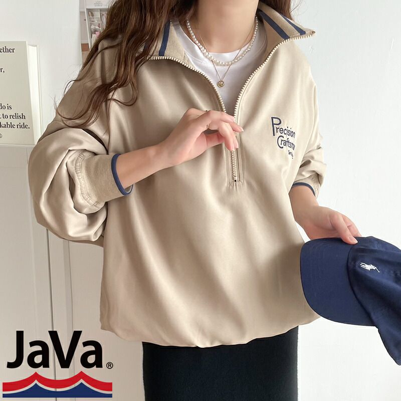 日本 Classical Elf - Java聯名 拉鍊翻領落肩長袖上衣-卡其