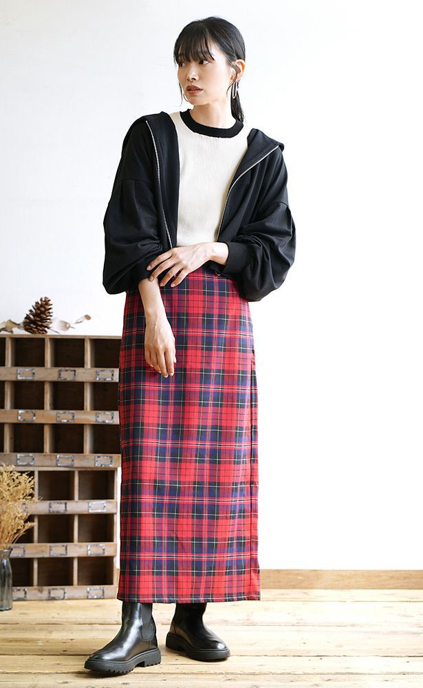 日本 zootie - 學院風格紋修身鉛筆裙-酒紅