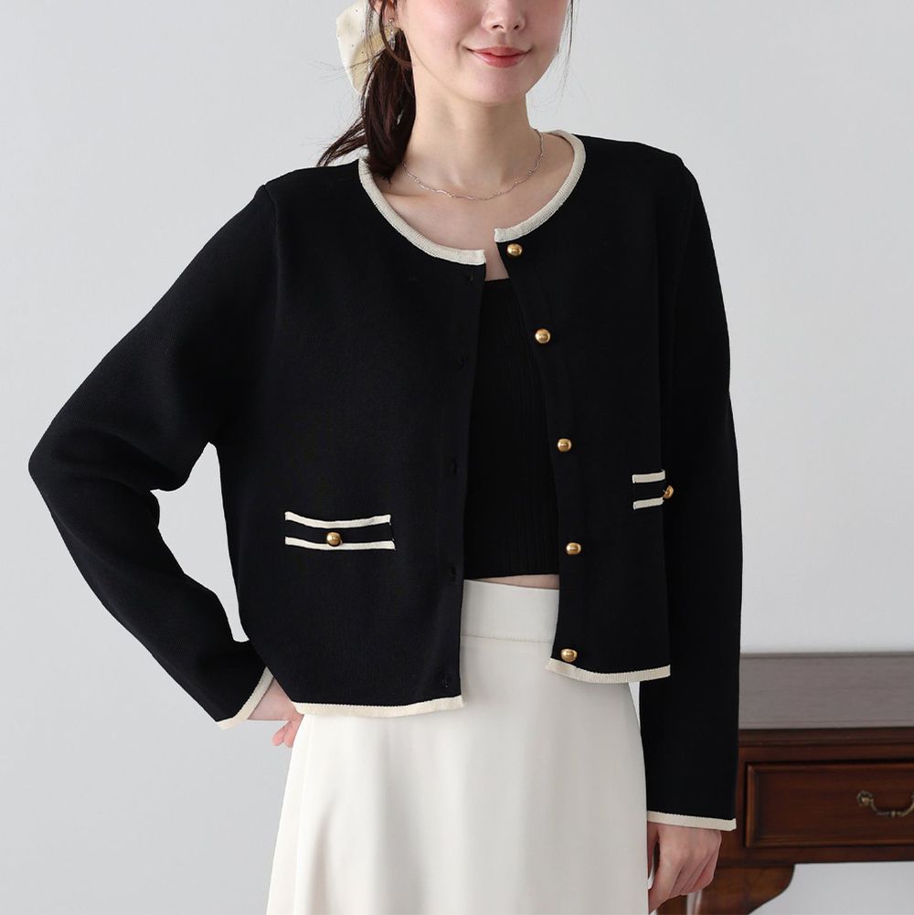 法式氣質金扣雙色滾邊開襟衫-黑 (M)