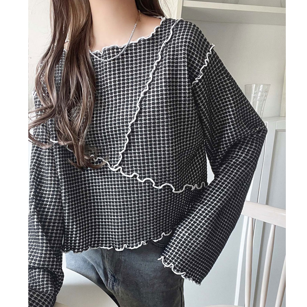 2way華夫格木耳捲邊浪漫長袖上衣-黑白