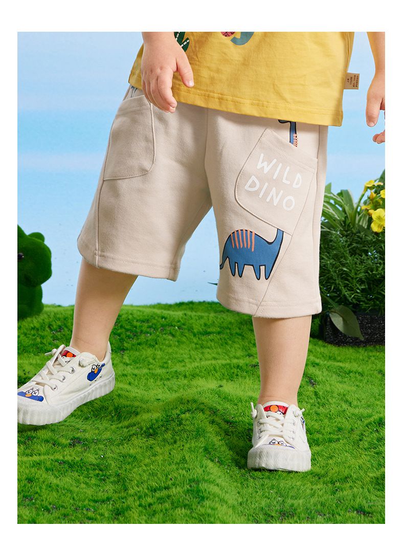 純棉休閒運動五分褲-長脖子恐龍-杏色