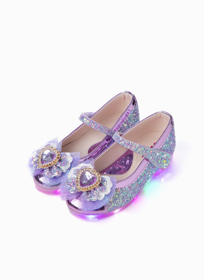 韓國 OZKIZ - (LED)愛心鑽點綴蝴蝶結亮片皮鞋-紫
