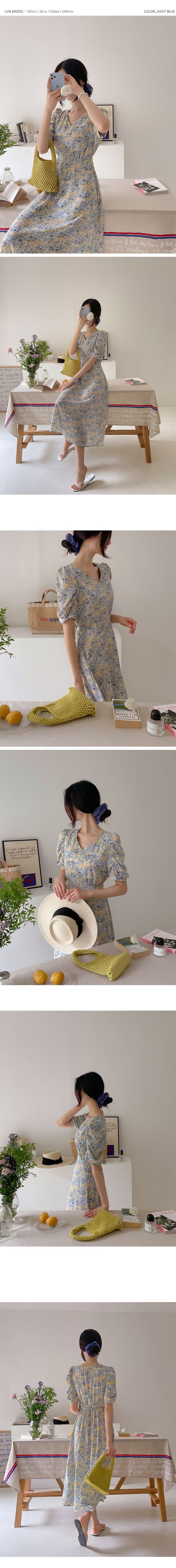 韓國女裝代購 - 水彩花印V領縮腰連身洋裝-藍 (FREE)