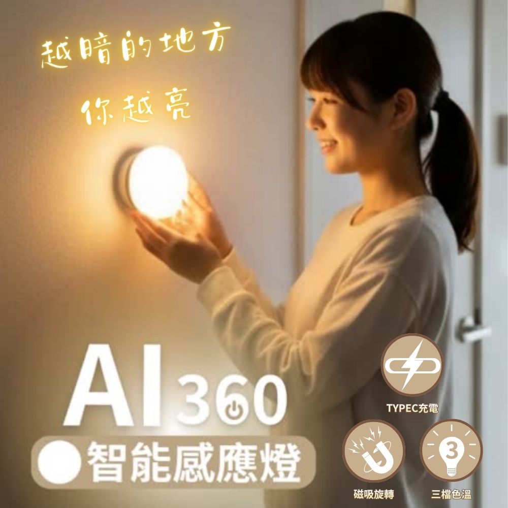 360度AI智能感應燈-越暗的地方你越亮-暖黃光-TYPE-C充電 (F)