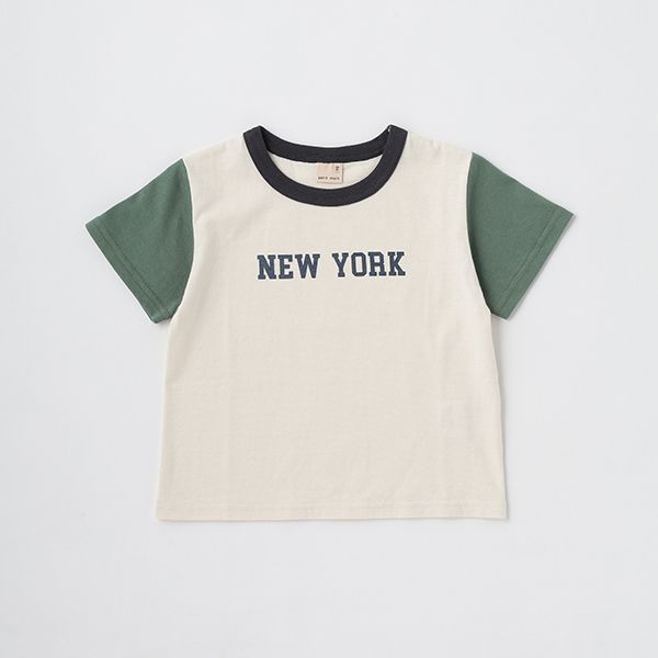 日本 petit main - 百搭印花短袖上衣-恐龍線條-卡其黃