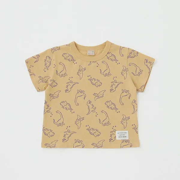 日本 petit main - 百搭印花短袖上衣-恐龍線條-卡其黃