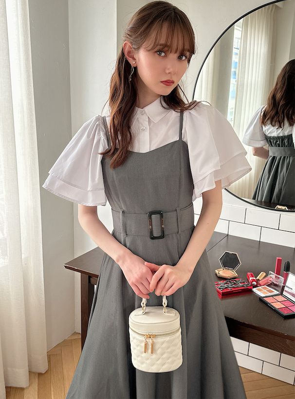 日本 GRL - 優雅修身寬腰帶吊帶裙/洋裝-淺米杏