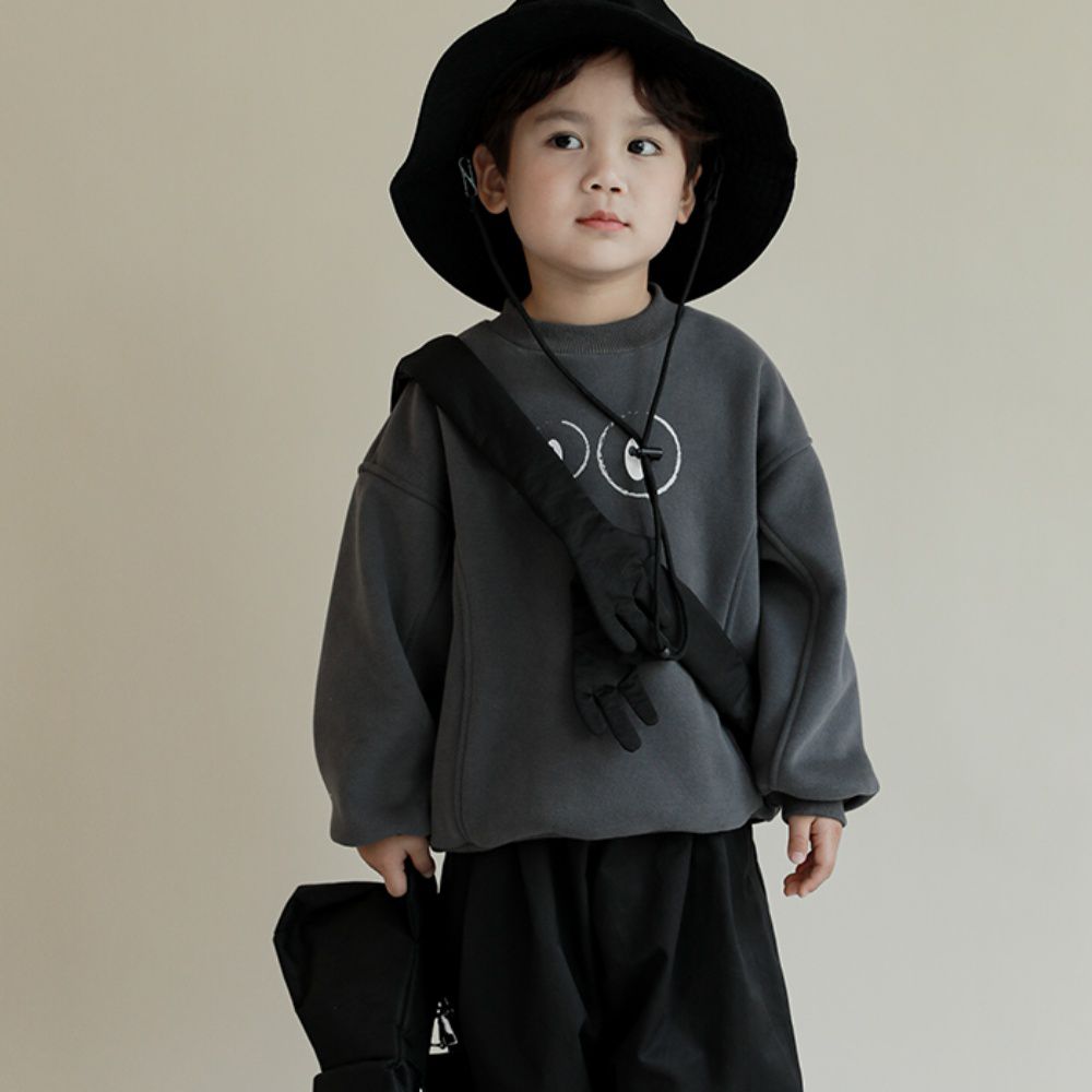 (加絨)圓領長袖上衣/大學T-大眼睛-灰色