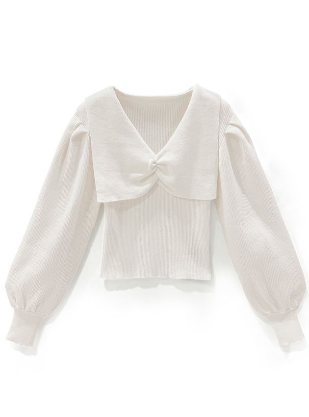 日本 GRL - 甜美V領抓皺羅紋彈性針織上衣-白