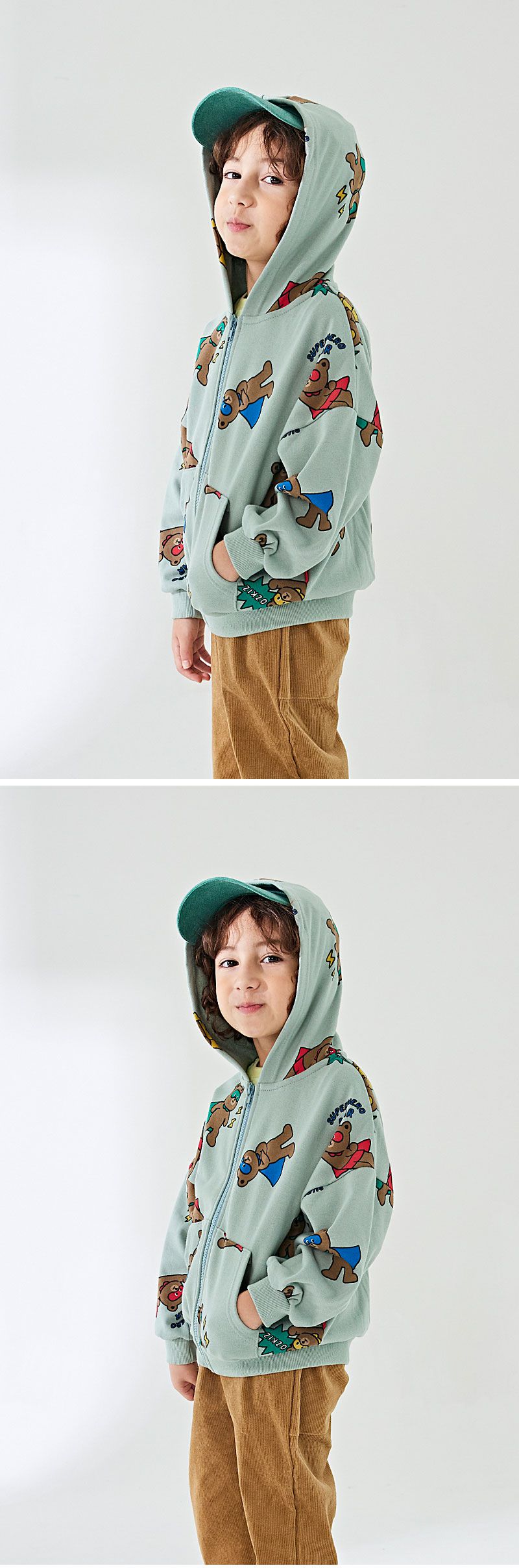 韓國 OZKIZ - 熊熊超人拉鍊連帽外套-灰綠