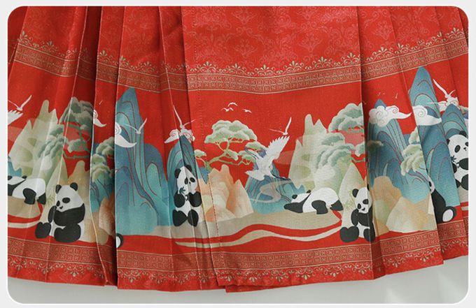 love, charlotte - 旗袍領可愛熊貓圖騰馬面裙拜年套裝-加厚鋪棉上衣