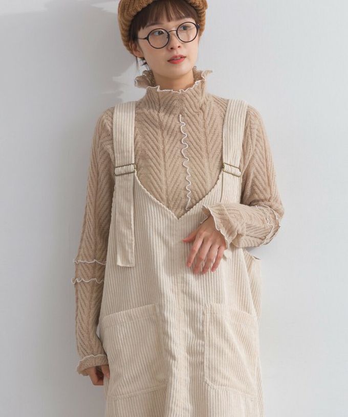 日本 Lupilien - 可愛厚實燈芯絨開叉吊帶裙-橘