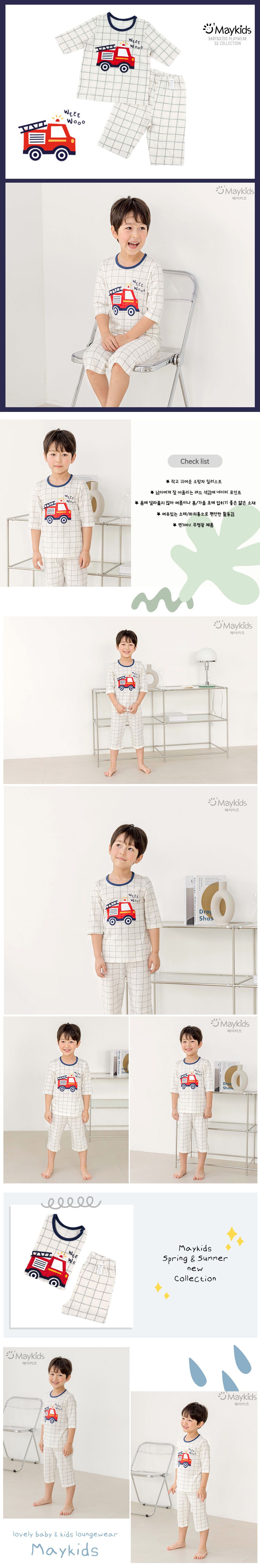 韓國 Maykids - 無螢光棉細柔七分袖家居服-格子消防車