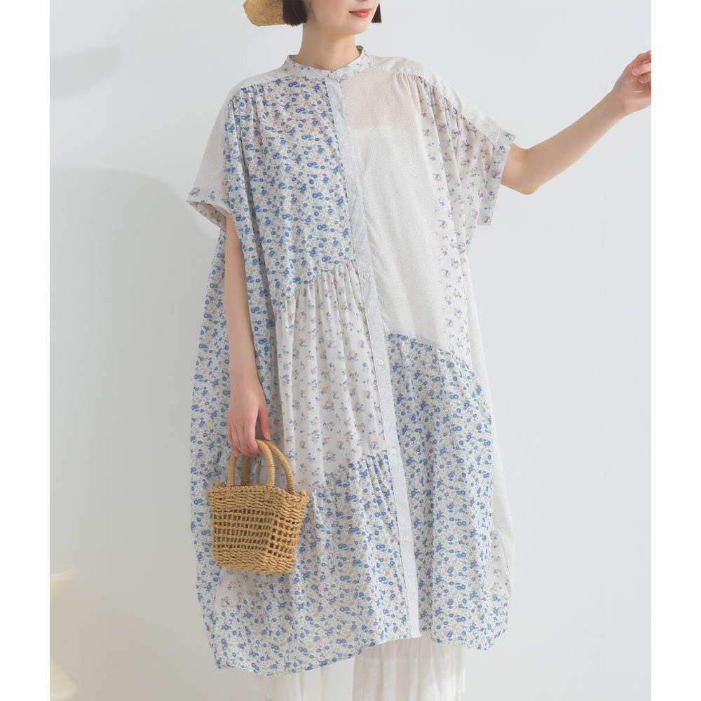 純棉巴里紗花朵拼布襯衫式洋裝-藍白