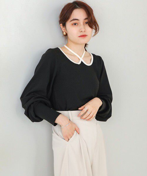 日本 Bab - 2WAY氣質綁帶羅紋泡泡袖上衣-米杏