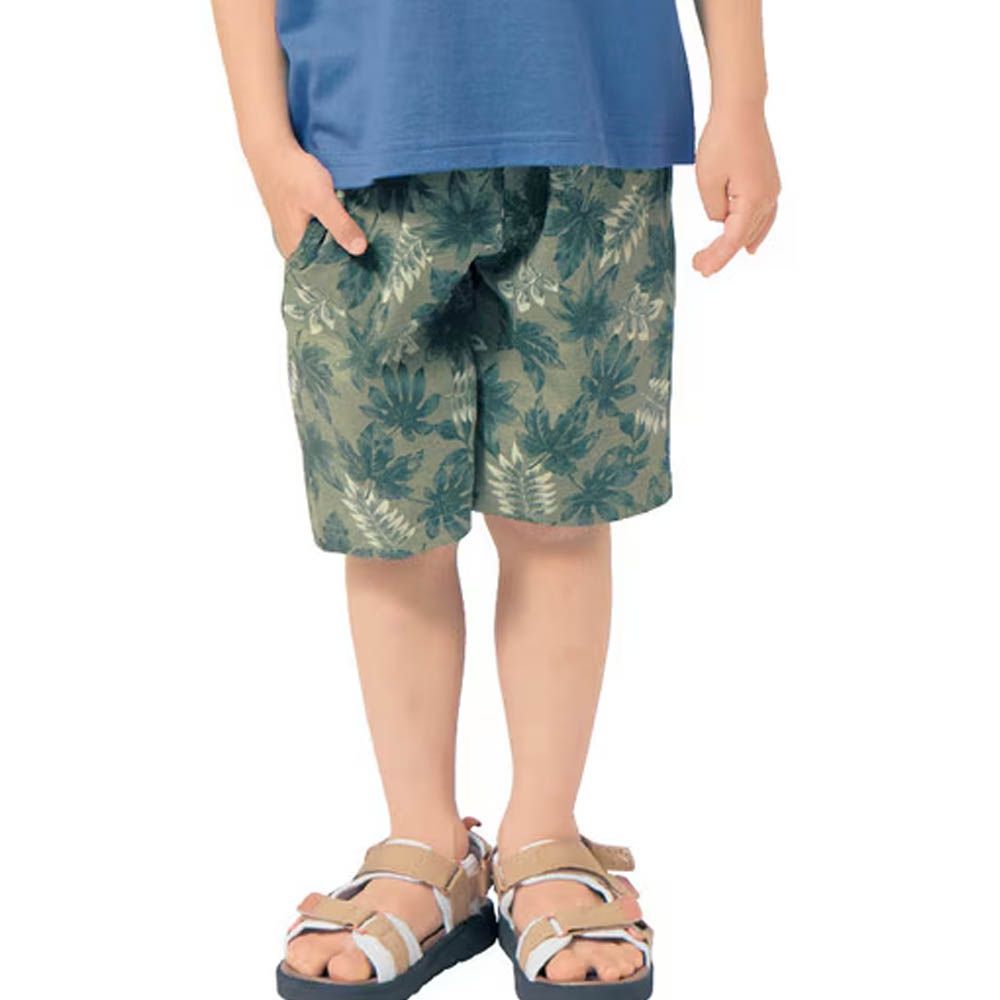 純棉薄涼印花短褲-葉子-卡其綠