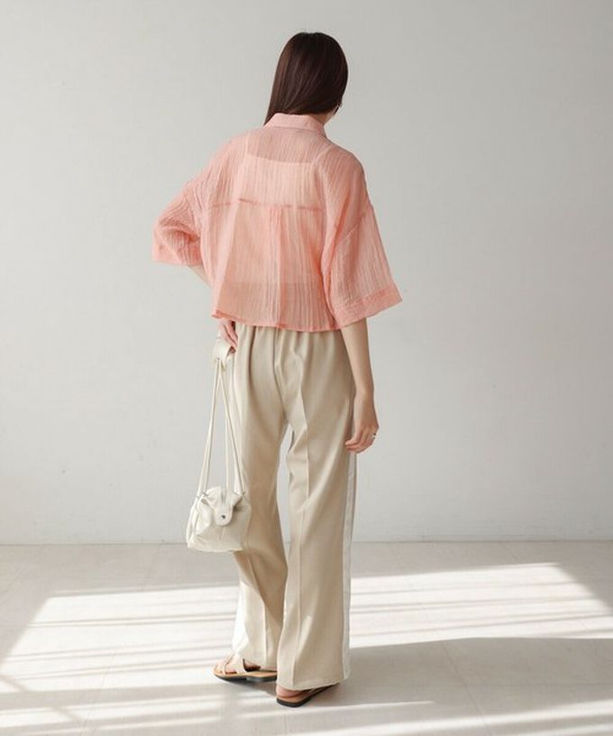 日本 Bab - 透膚感清爽短版五分袖襯衫-粉紅 (M)