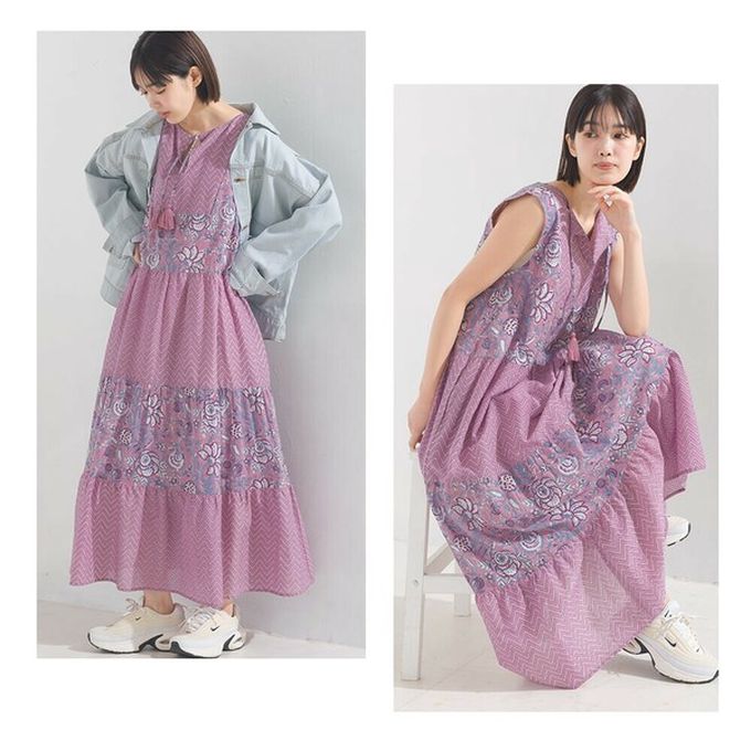 日本 OMNES - 100%印度棉 奢華印花流蘇無袖洋裝-深藍