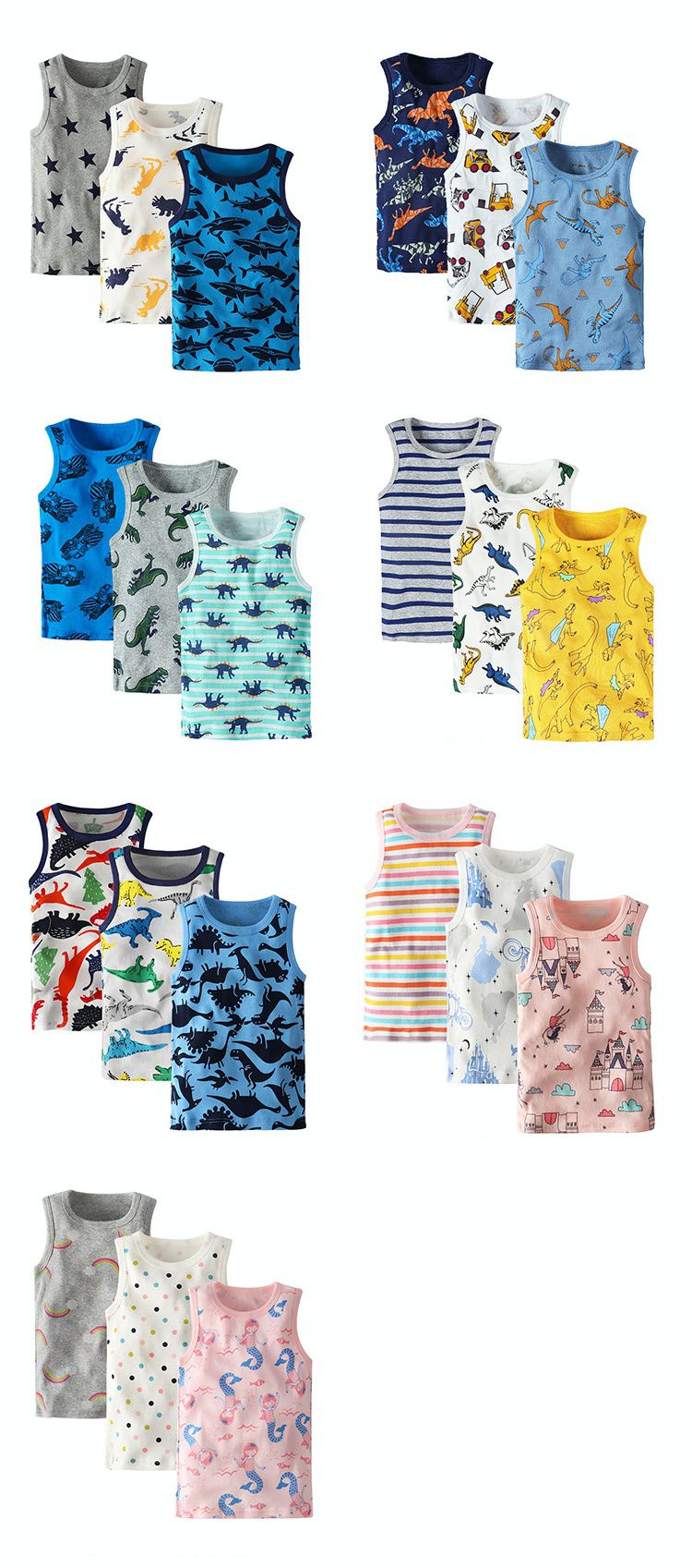 純棉印花無袖背心(3件組)-恐龍+條紋款-灰+白+黃