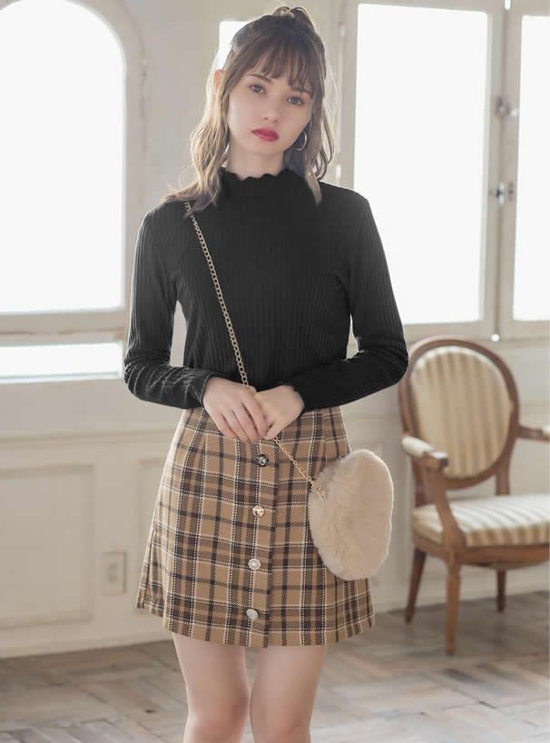 日本 GRL - 百搭木耳領羅紋長袖上衣-深可可