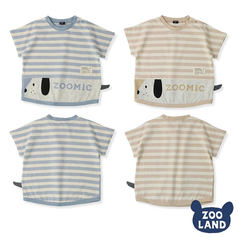 日本 ZOOLAND - 拼接短T-條紋長條小狗-杏橘