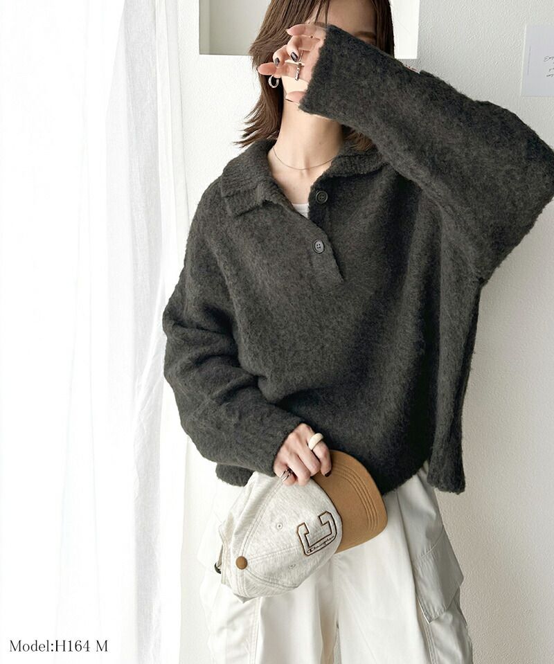 日本 Classical Elf - 毛茸茸排扣翻領寬鬆毛衣-深灰