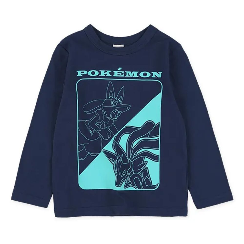 卡通人物寶可夢印花長袖上衣-路卡利歐-海軍藍