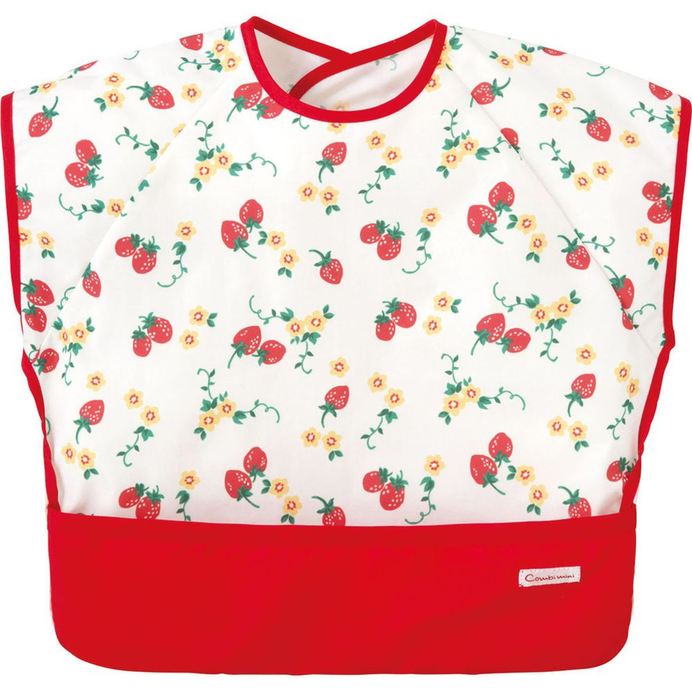 日本 Combi - mini 食事圍兜-短袖款-草莓園-活力紅 (L [90-100cm])-12個月起