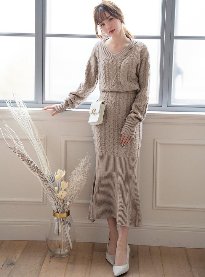 日本 GRL - 麻花編織針織毛衣+魚尾長裙套裝-時尚黑