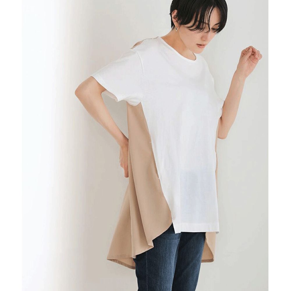 日本 Bou Jeloud - 率性撞色拼接修身剪裁短袖上衣-白X杏