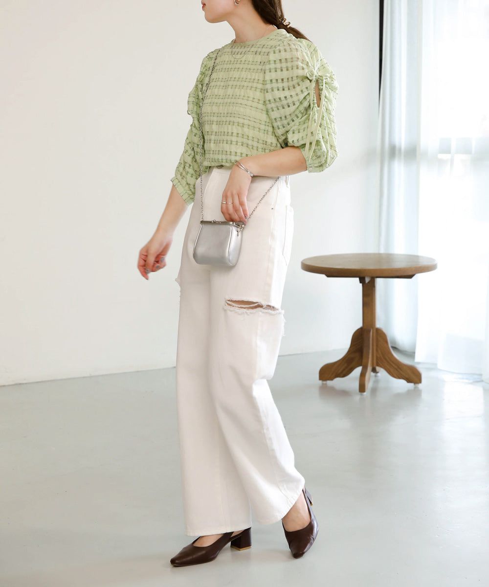 日本 Bab - 甜美格紋抽繩澎澎袖上衣-米杏