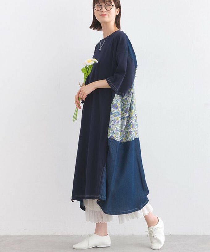 日本 Lupilien - 異素材花朵拼布清新五分袖洋裝-黑