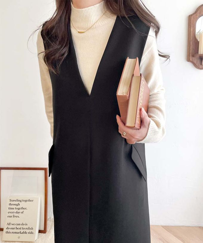 日本 Classical Elf - 簡約深V領氣質線條背心裙-炭灰