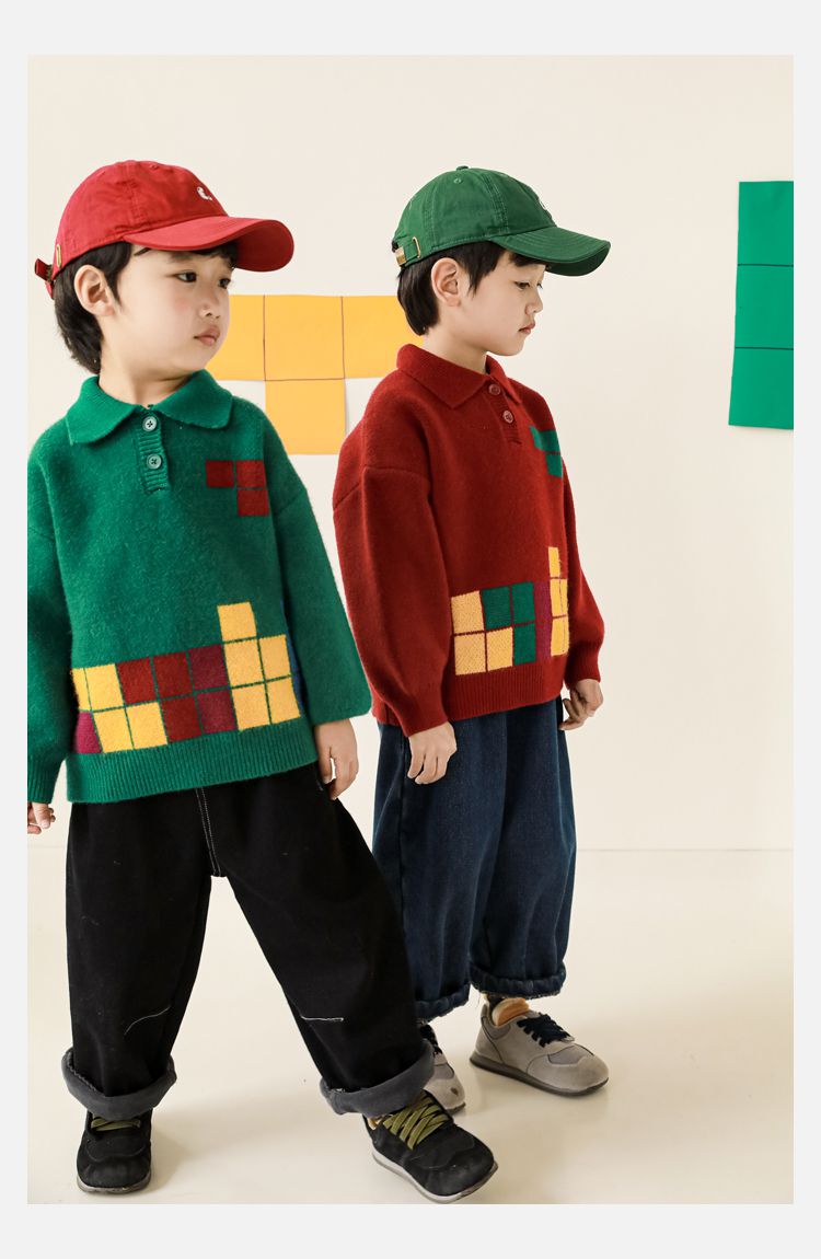 TONGMO - 復古Polo翻領針織長袖毛衣-俄羅斯方塊-黑色