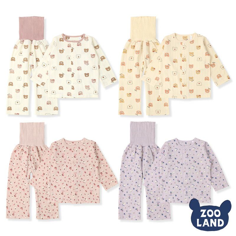 日本 ZOOLAND - 印花腹卷長袖家居服/睡衣-小熊-米杏