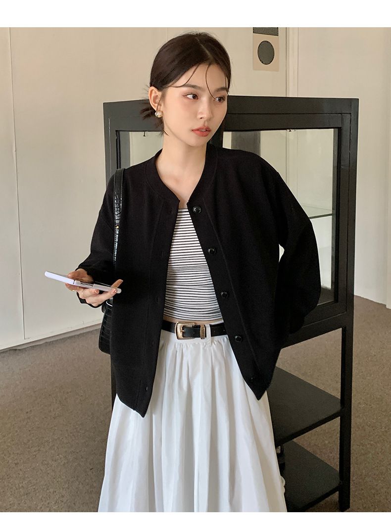 小香風圓領排釦開衫外套-灰色