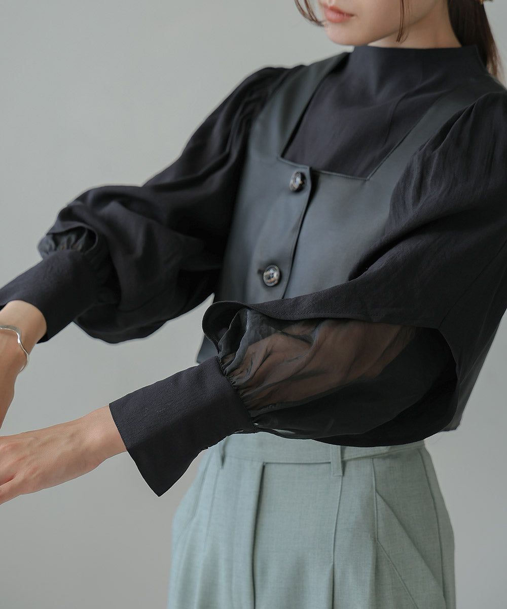 日本 Bab - 柔美紗拼接袖雪紡上衣-深可可