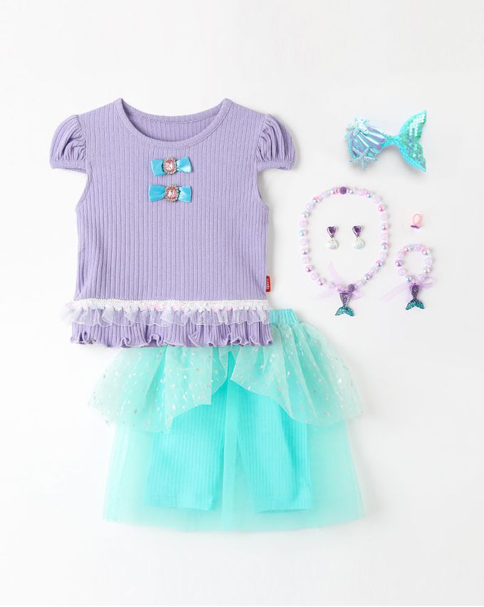 韓國 OZKIZ - (附配飾)海洋公主網紗裝飾短袖套裝-紫X湖綠