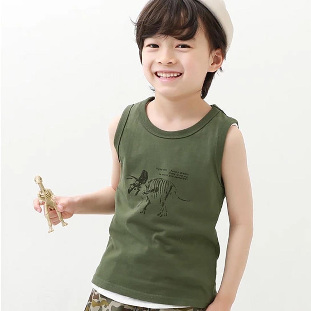 日本 devirock - 純棉百搭涼爽圓領無袖上衣-恐龍化石-橄欖綠