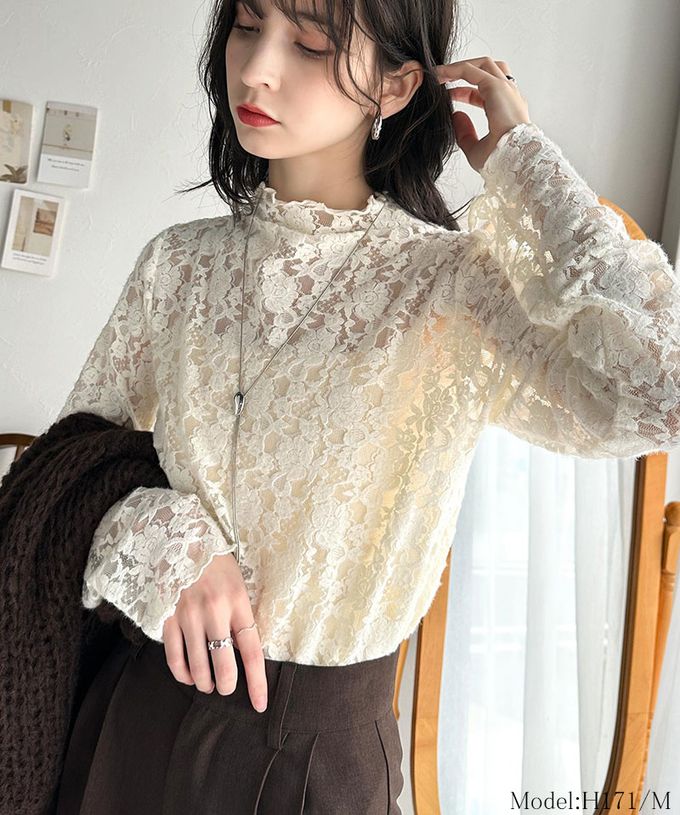 日本 Classical Elf - 夢幻透膚蕾絲小立領長袖上衣(無內裏)-白