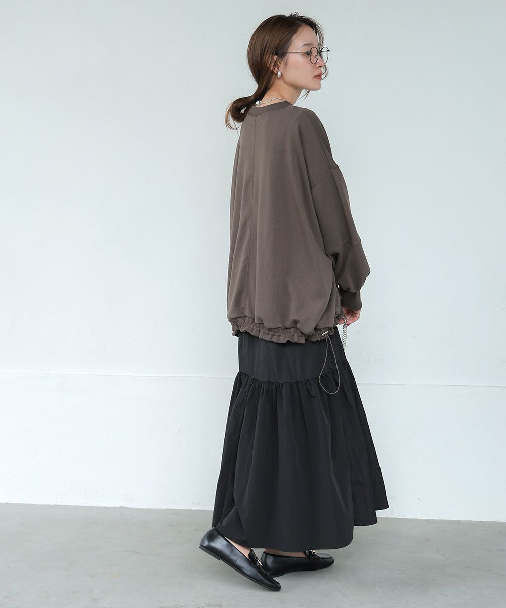 日本 Bab - 假二件拼接休閒束口長袖洋裝-咖棕系