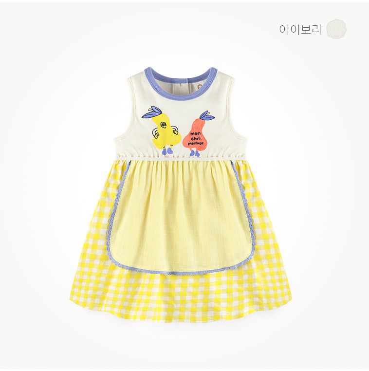 韓國 milk mile - 印花拼接格紋背心洋裝-象牙白X黃