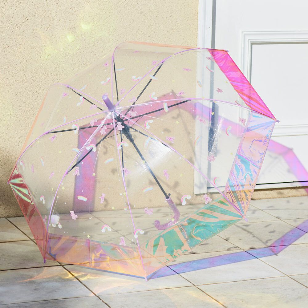 日本中谷 - 透明窗設計兒童雨傘/直傘-彩虹貓貓-水藍 (55cm(身高130cm以上))