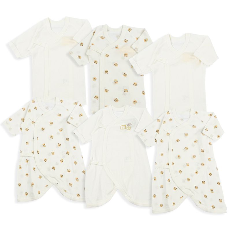 akachan honpo - 長袖新生兒內衣6件組-按釦款 吸水速乾+保濕-咖啡色 (肚衣:50cm;蝴蝶裝:50~60cm)