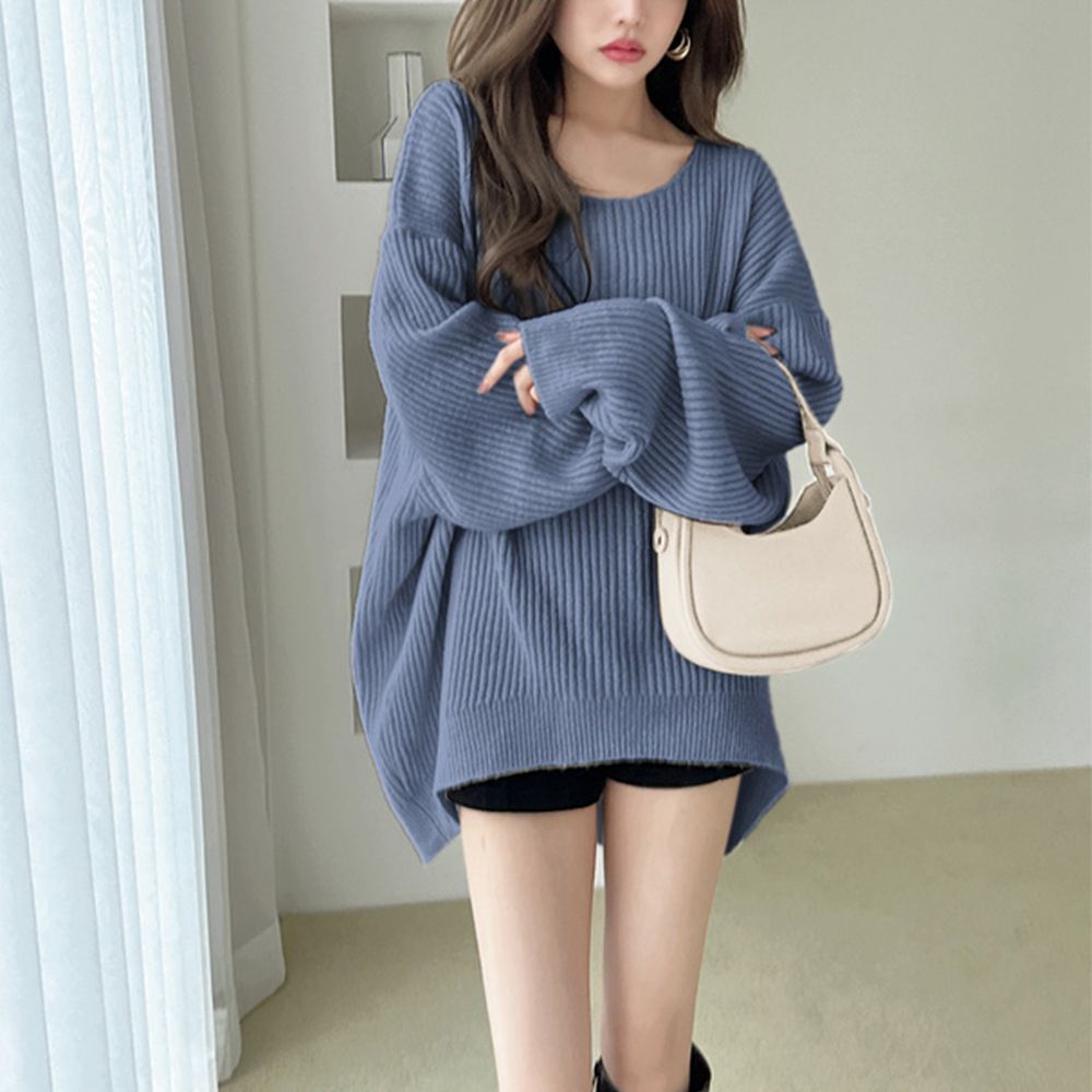 熱銷款 大圓領羅紋修身針織上衣-煙燻藍 (F)