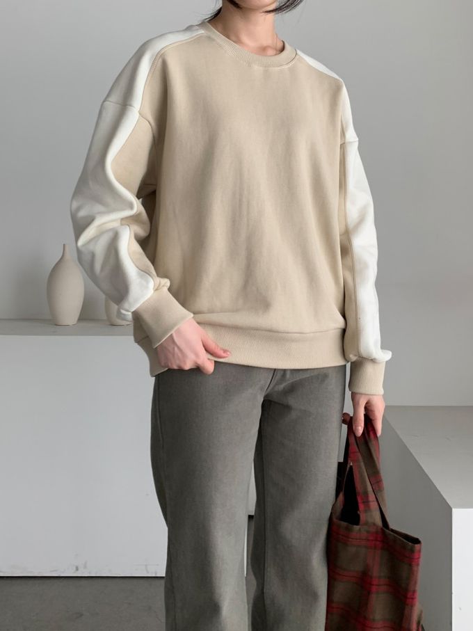 韓國女裝連線 - 撞色設計內磨毛大學T-卡其X米白 (FREE)