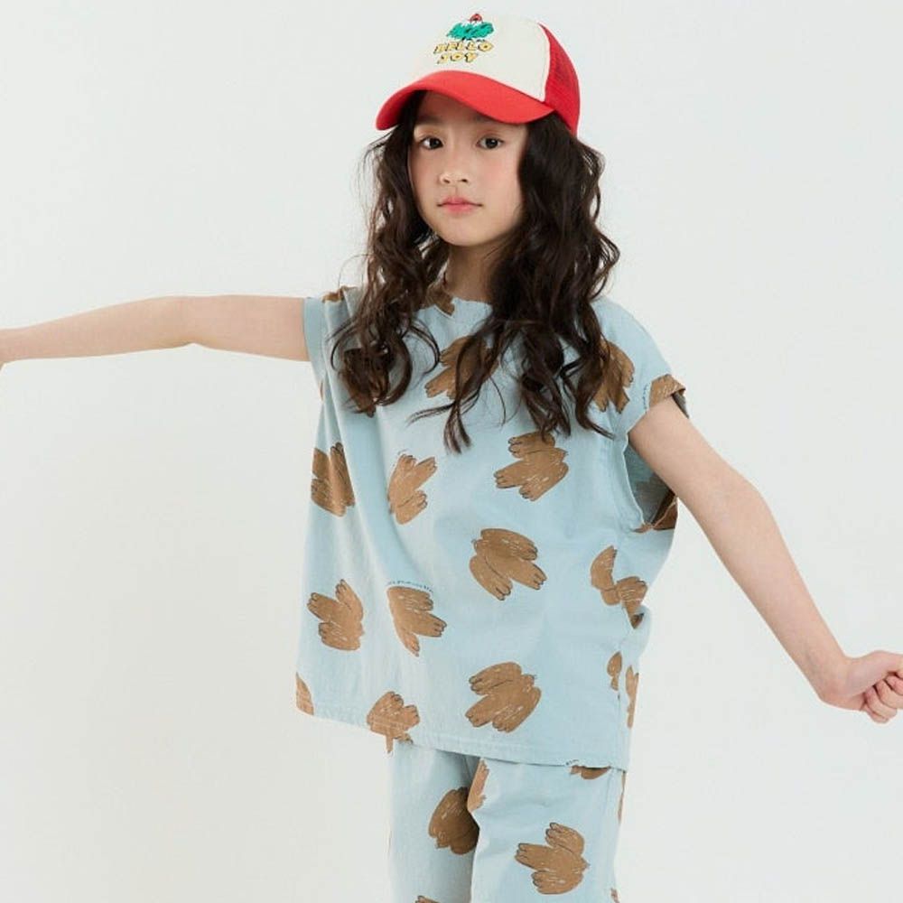 韓製100%純棉 手繪鴿印落肩短袖上衣-淺灰藍