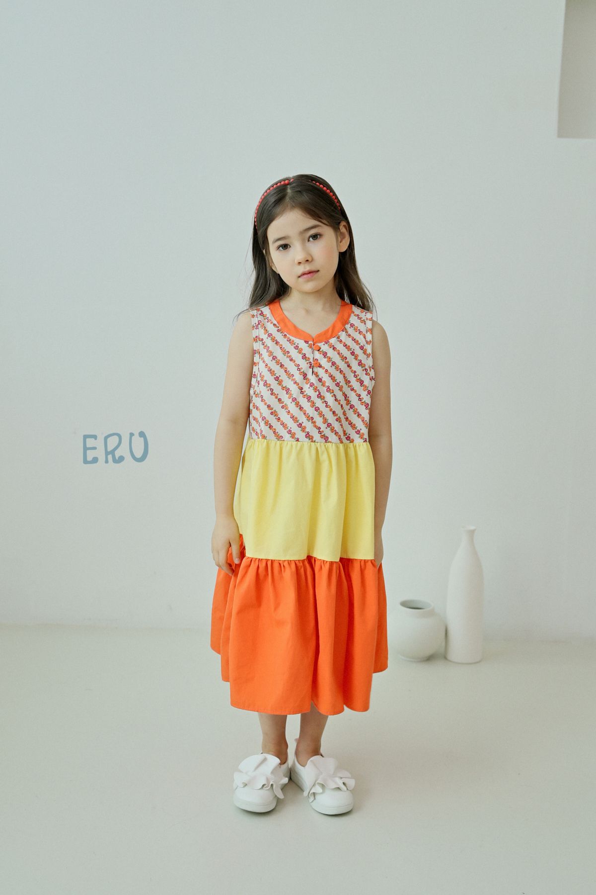 韓國 ERU - 斜紋花朵拼接色長版洋裝-藍粉