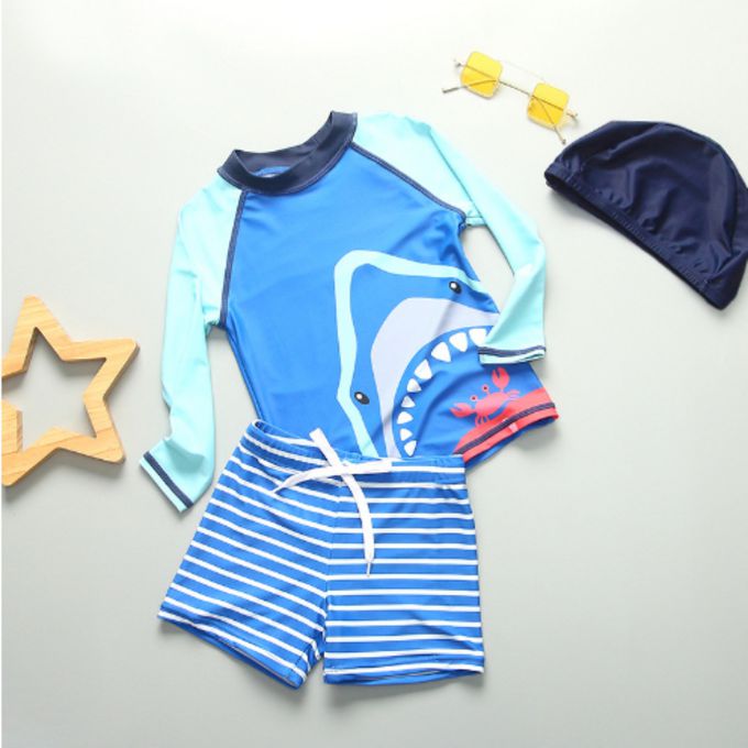 男寶防曬長袖泳裝套裝(附帽子)-大嘴鯊魚-藍色