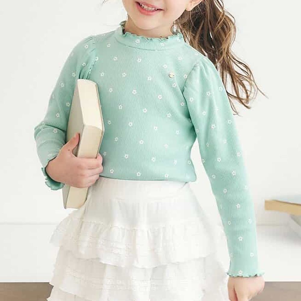 木耳小高領甜美百搭長袖上衣-小花-薄荷綠